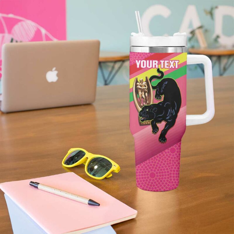 Panthers Rugby 2024 Mascot With Trophy Go Champions Aboriginal Art ‚Äì Pink Custom Stanley Quencher 40oz Stainless Steel Tumbler With Handle - Threewoofs - Image 5