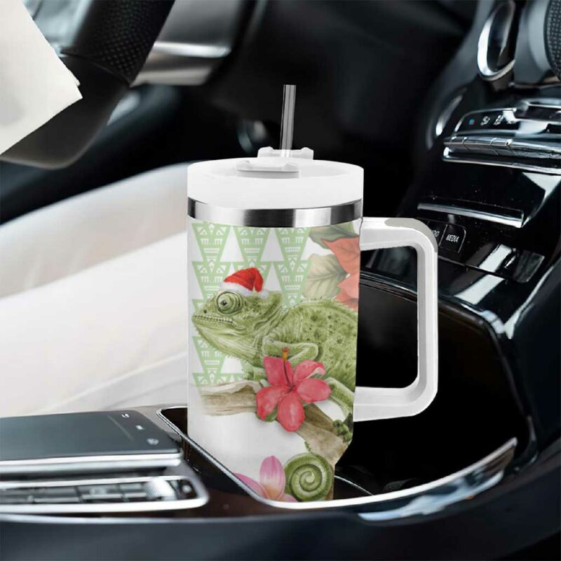 Pastel Green Hawaii Chameleon Christmas Mele Kalikimaka Kakau Watercolor Custom Stanley Quencher 40oz Stainless Steel Tumbler With Handle - Threewoofs - Image 8