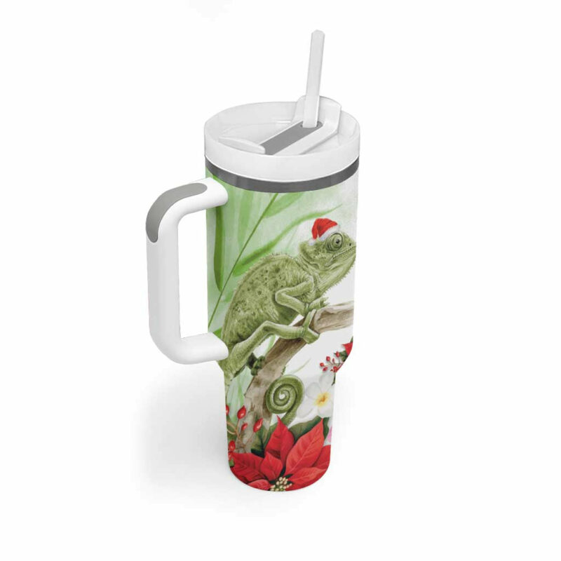 Pastel Green Hawaii Chameleon Christmas Mele Kalikimaka Kakau Watercolor Custom Stanley Quencher 40oz Stainless Steel Tumbler With Handle - Threewoofs - Image 2