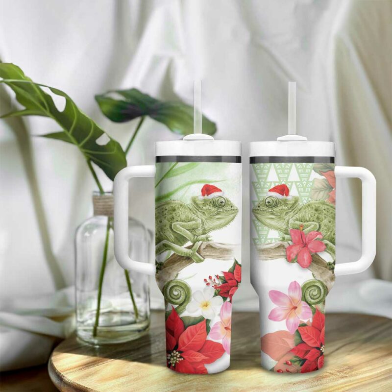 Pastel Green Hawaii Chameleon Christmas Mele Kalikimaka Kakau Watercolor Custom Stanley Quencher 40oz Stainless Steel Tumbler With Handle - Threewoofs - Image 9