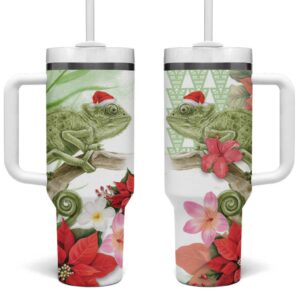Pastel Green Hawaii Chameleon Christmas Mele Kalikimaka Kakau Watercolor Custom Stanley Quencher 40oz Stainless Steel Tumbler With Handle - Threewoofs