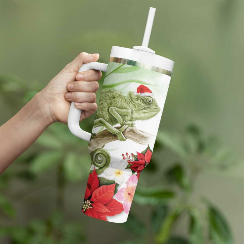 Pastel Green Hawaii Chameleon Christmas Mele Kalikimaka Kakau Watercolor Custom Stanley Quencher 40oz Stainless Steel Tumbler With Handle - Threewoofs - Image 3