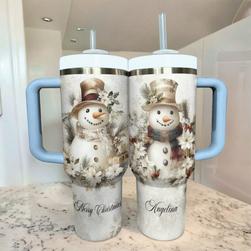 Pesonalized Yellow Snowman Christmas Custom Stanley Quencher 40oz Stainless Steel Tumbler With Handle - Threewoofs - Image 3