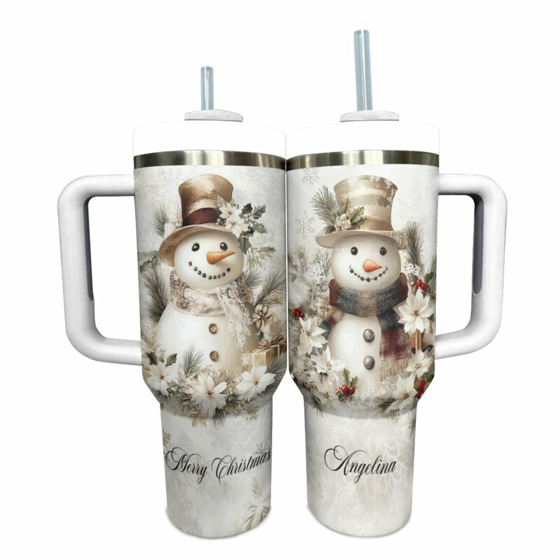 Pesonalized Yellow Snowman Christmas Custom Stanley Quencher 40oz Stainless Steel Tumbler With Handle - Threewoofs