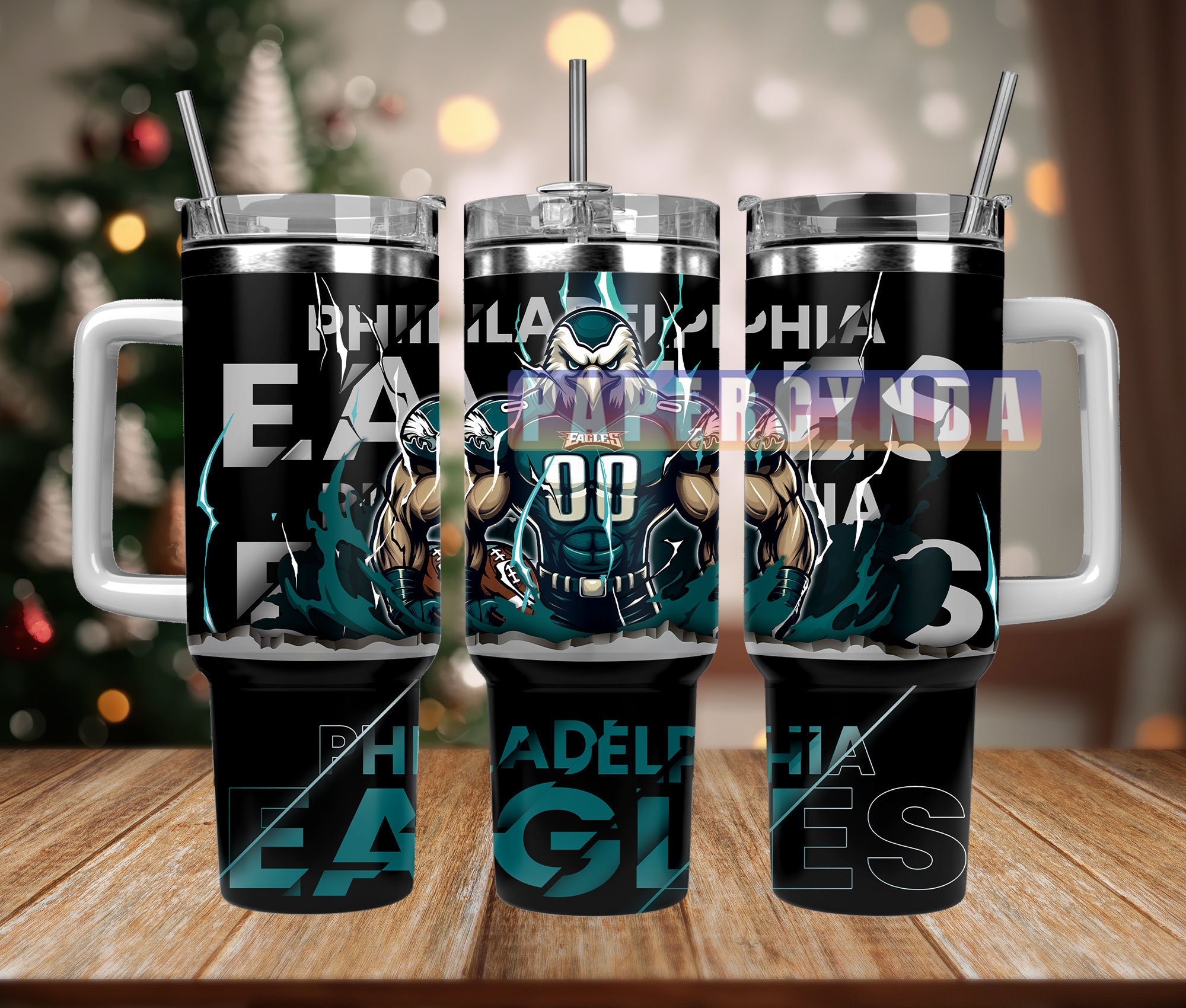 Philadelphia Eagles Custom Tumbler - Insulated NFL Fan Mug with Handle & Straw