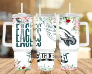 Floral Eagles Tumbler with Handle and Straw - Perfect for Fans and Outdoor Enthusiasts