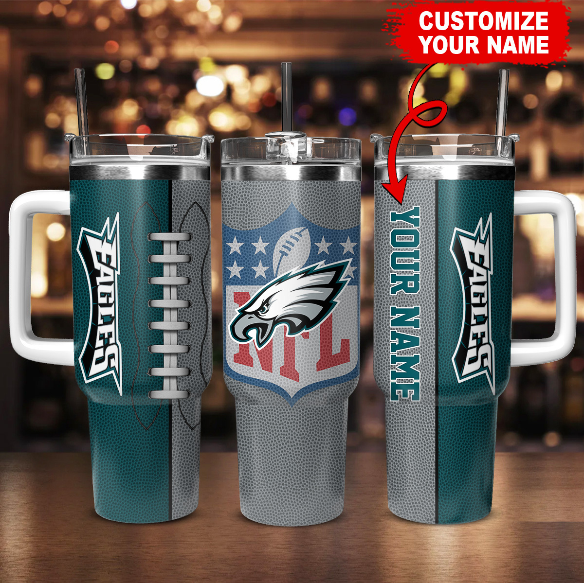 Customizable NFL Eagles Tumbler with Handle - Personalize Your Name - Image 2