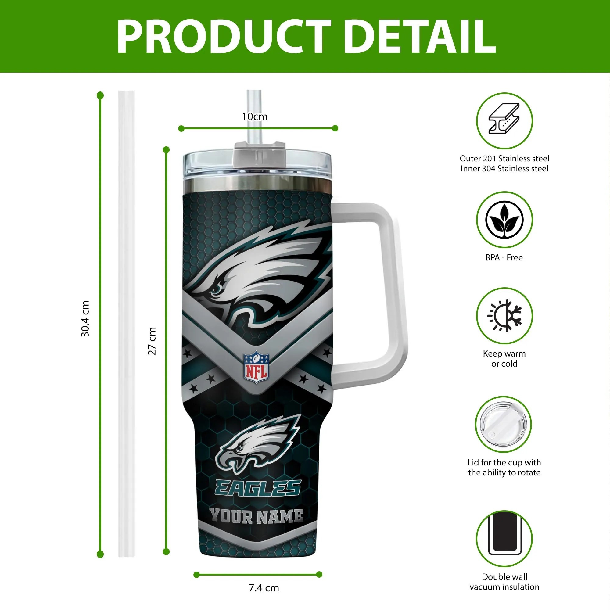 Personalized Eagles Fan Tumbler - Custom Name NFL Gift - Image 2