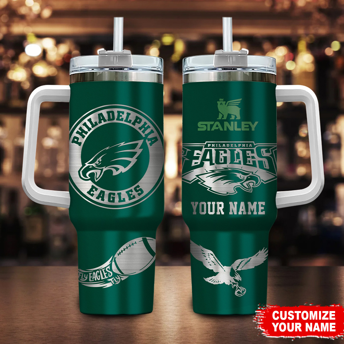 Personalized Philadelphia Eagles Tumbler with Handle & Straw - Customizable NFL Gift