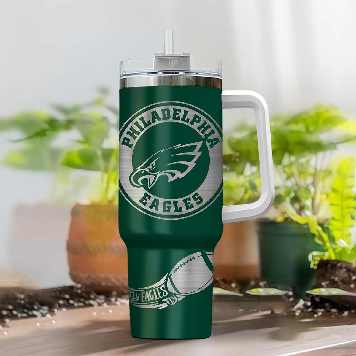 Personalized Philadelphia Eagles Tumbler with Handle & Straw - Customizable NFL Gift - Image 2