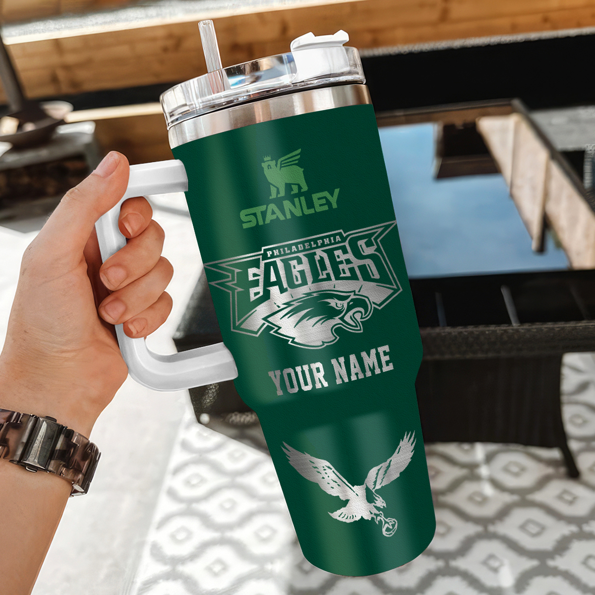 Personalized Philadelphia Eagles Tumbler with Handle & Straw - Customizable NFL Gift - Image 3