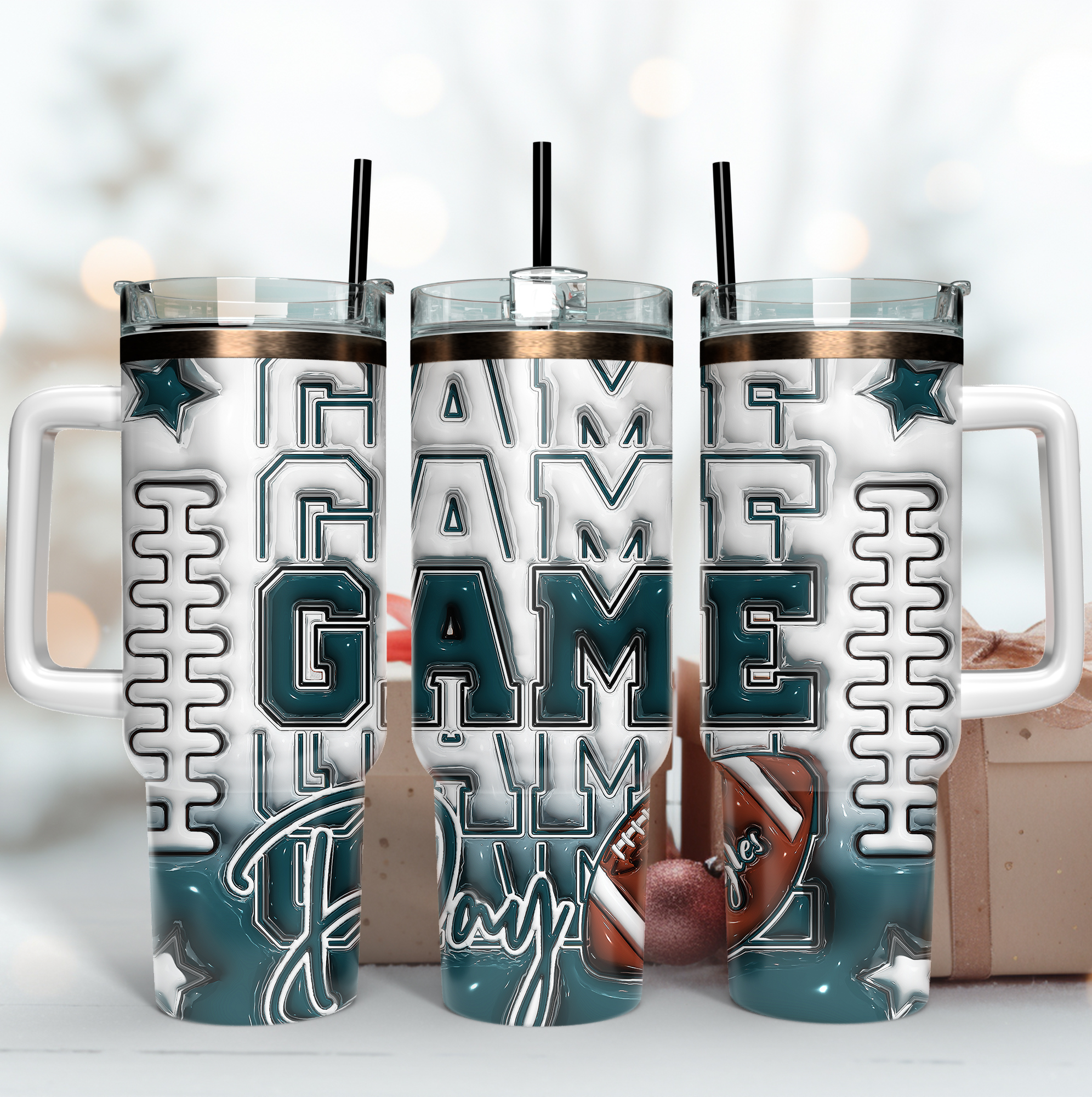 Football Game Day Tumbler - Insulated Travel Mug with Handle & Straw