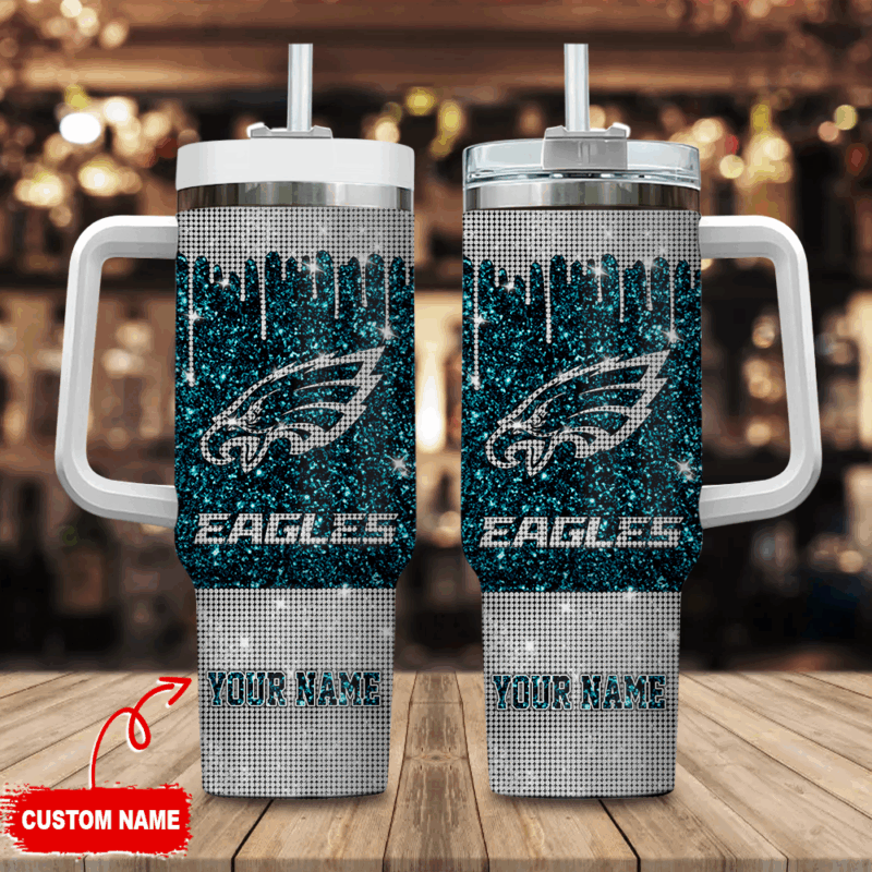 Philadelphia Eagles NFL Glitter Custom Stanley Quencher 40oz Stainless Steel Tumbler With Handle - Threewoofs