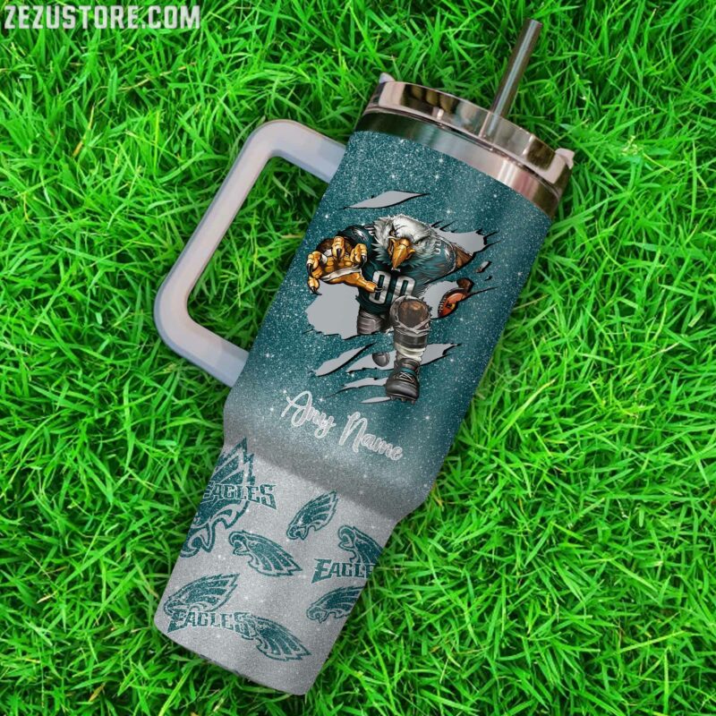 Custom Eagles Tumbler - Personalized Football Fan Gift with Straw & Handle - Image 3