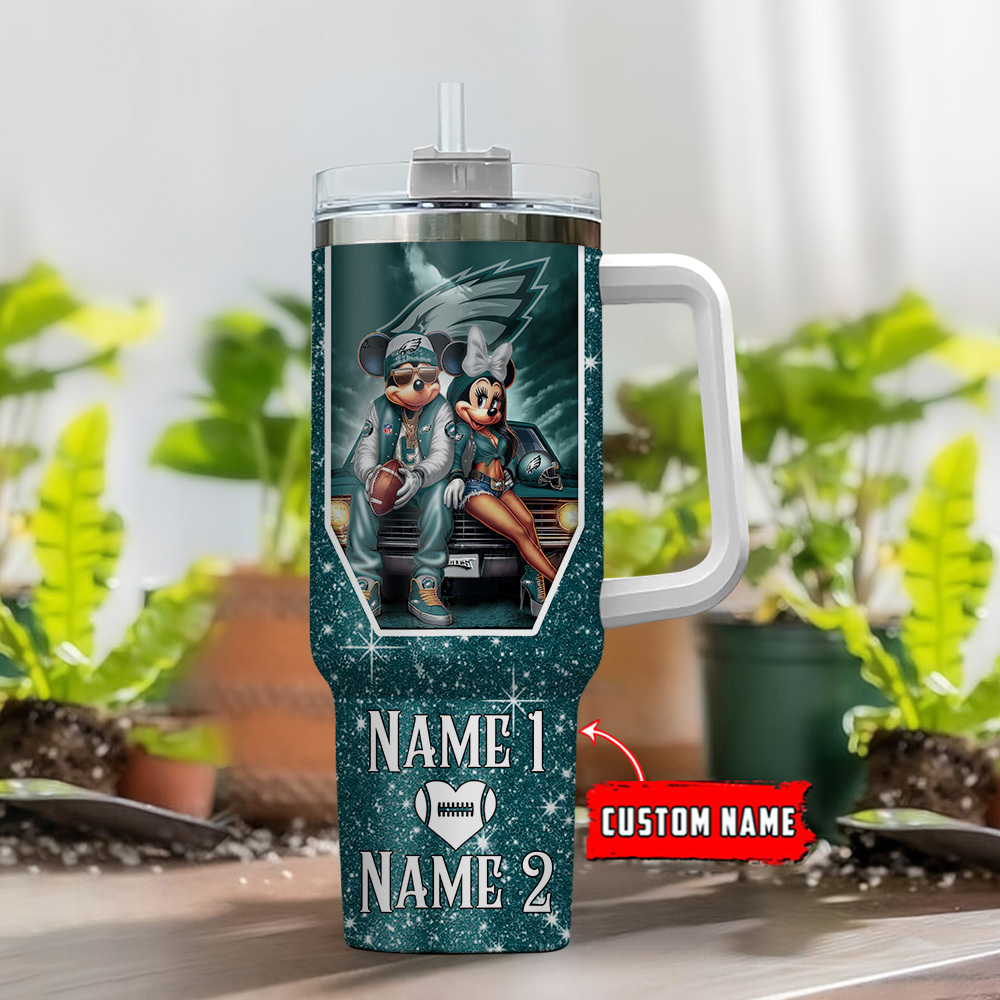 Custom Name Philadelphia Eagles Tumbler - Mickey & Minnie Design, Perfect Gift - Image 2