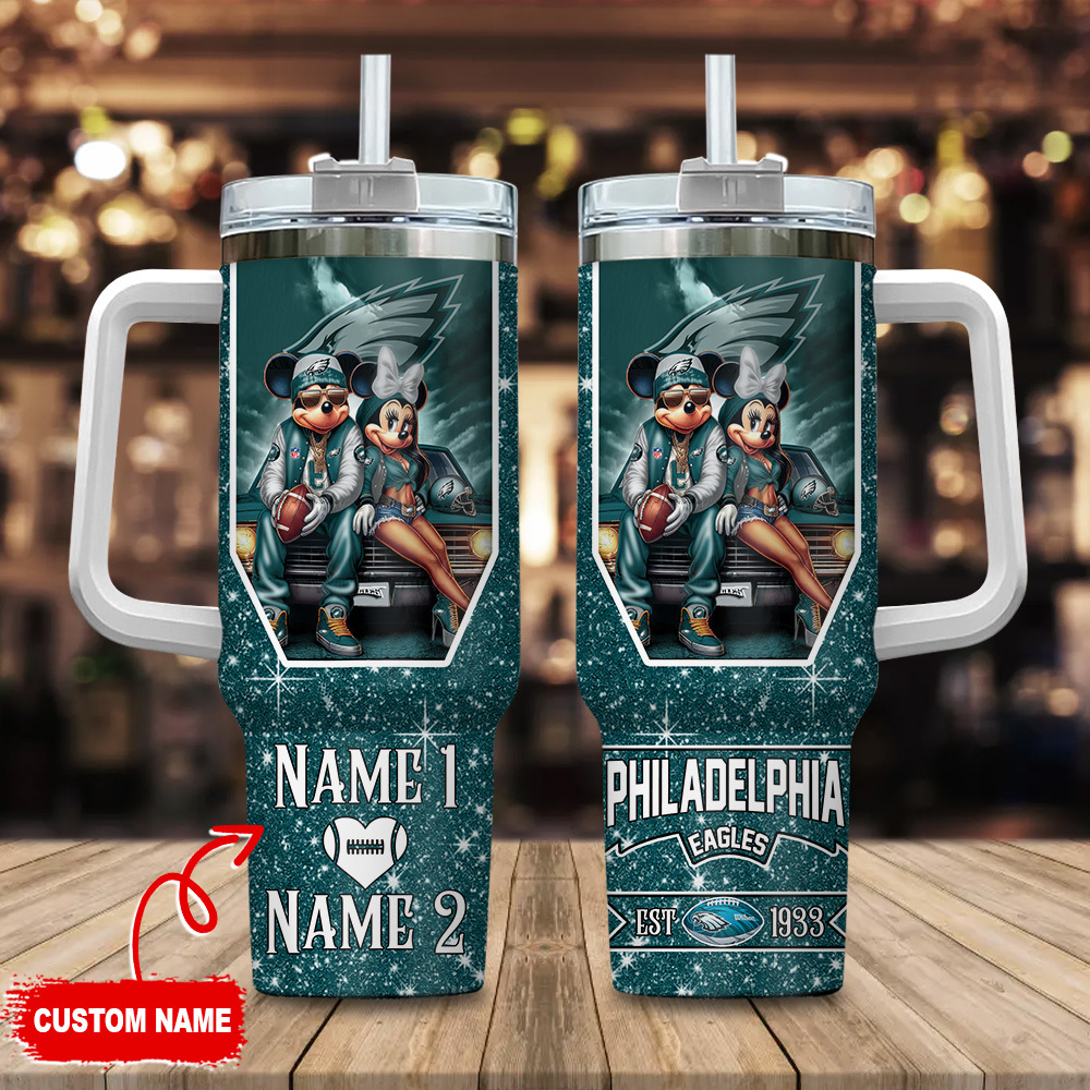 Custom Name Philadelphia Eagles Tumbler - Mickey & Minnie Design, Perfect Gift