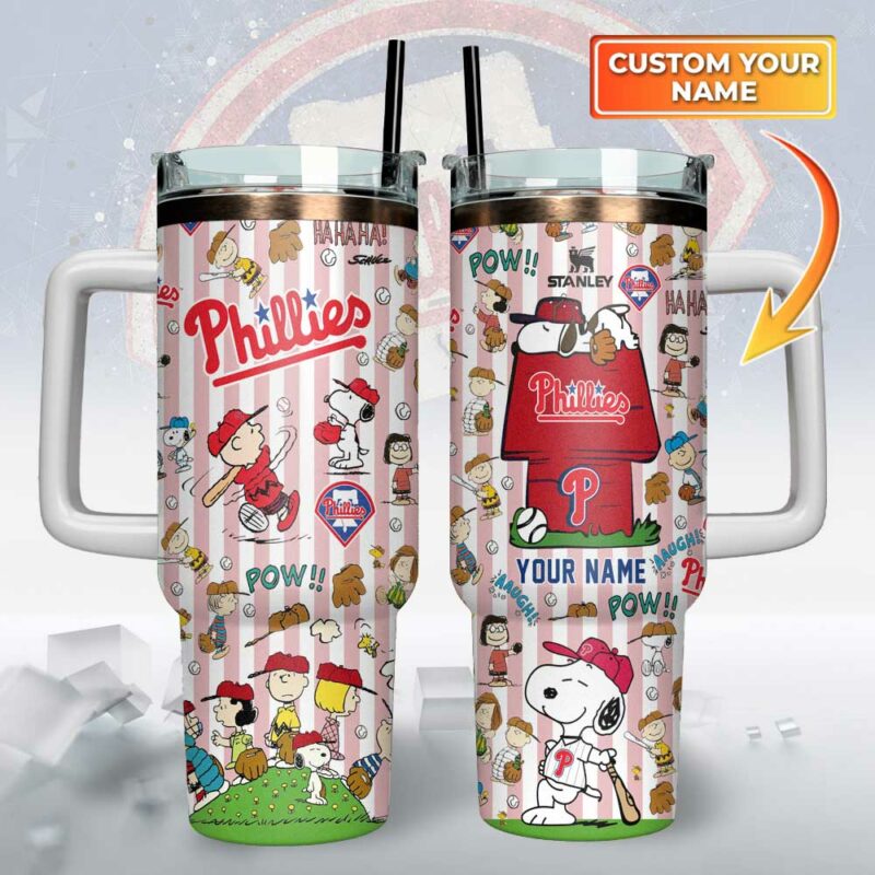 Philadelphia Phillies x Peanuts MLB Custom Stanley Quencher 40oz Stainless Steel Tumbler With Handle - Threewoofs - Image 2