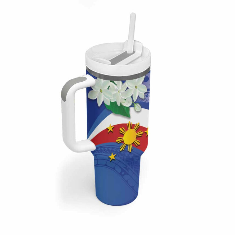 Philippines Flag Sampaguita Jasmine with Polynesian Tribal Custom Stanley Quencher 40oz Stainless Steel Tumbler With Handle - Threewoofs - Image 2