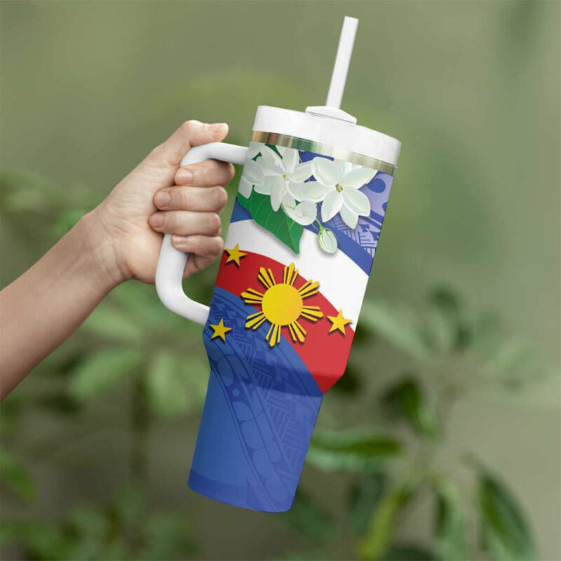 Philippines Flag Sampaguita Jasmine with Polynesian Tribal Custom Stanley Quencher 40oz Stainless Steel Tumbler With Handle - Threewoofs - Image 3