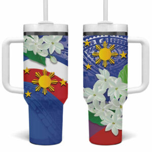 Philippines Flag Sampaguita Jasmine with Polynesian Tribal Custom Stanley Quencher 40oz Stainless Steel Tumbler With Handle - Threewoofs