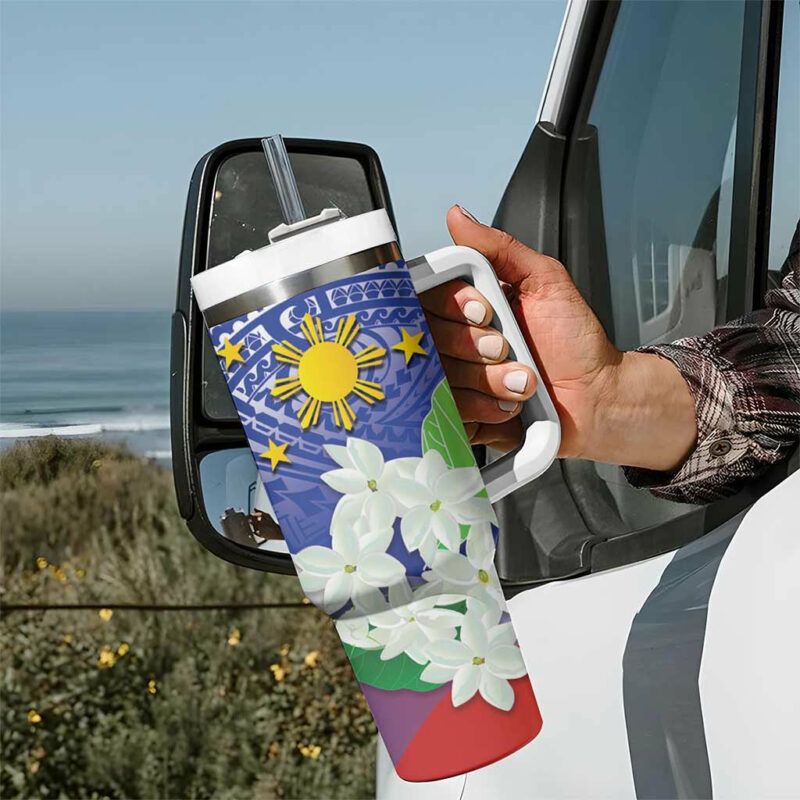 Philippines Flag Sampaguita Jasmine with Polynesian Tribal Custom Stanley Quencher 40oz Stainless Steel Tumbler With Handle - Threewoofs - Image 7