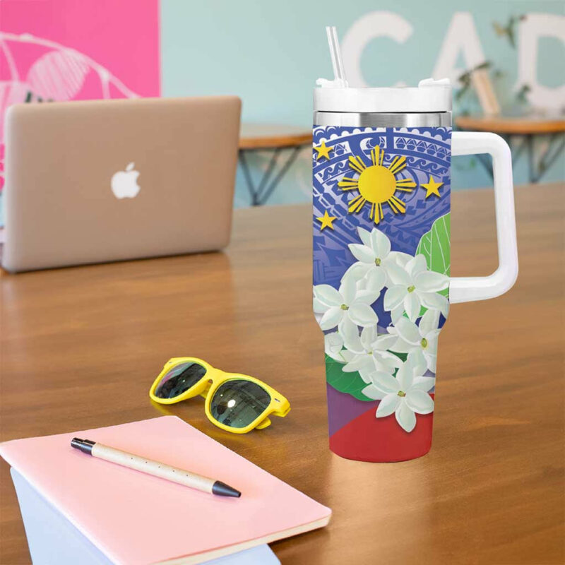 Philippines Flag Sampaguita Jasmine with Polynesian Tribal Custom Stanley Quencher 40oz Stainless Steel Tumbler With Handle - Threewoofs - Image 5