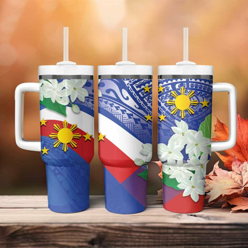 Philippines Flag Sampaguita Jasmine with Polynesian Tribal Custom Stanley Quencher 40oz Stainless Steel Tumbler With Handle - Threewoofs - Image 4