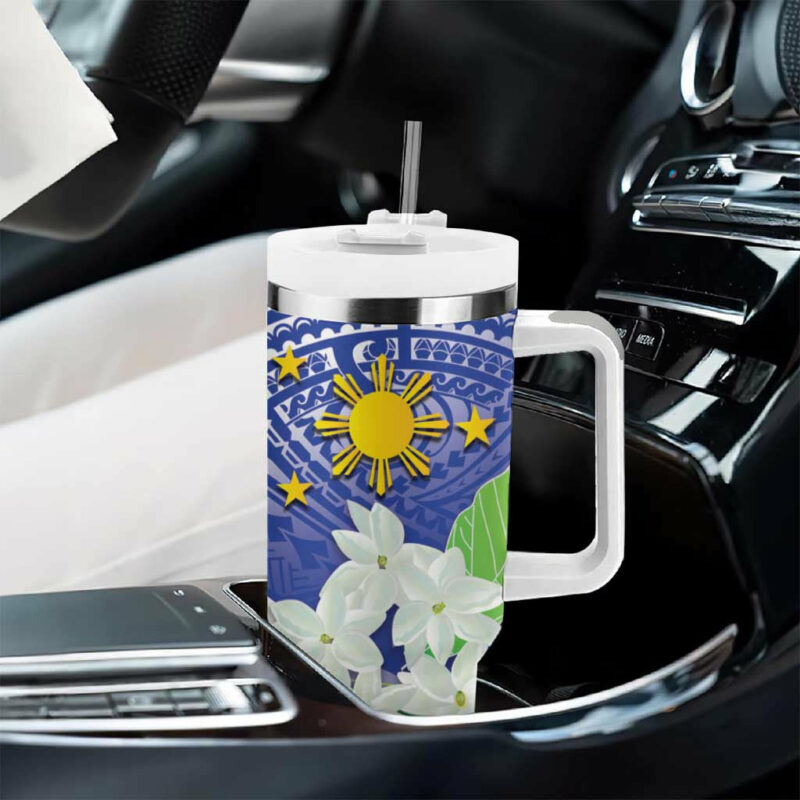 Philippines Flag Sampaguita Jasmine with Polynesian Tribal Custom Stanley Quencher 40oz Stainless Steel Tumbler With Handle - Threewoofs - Image 8
