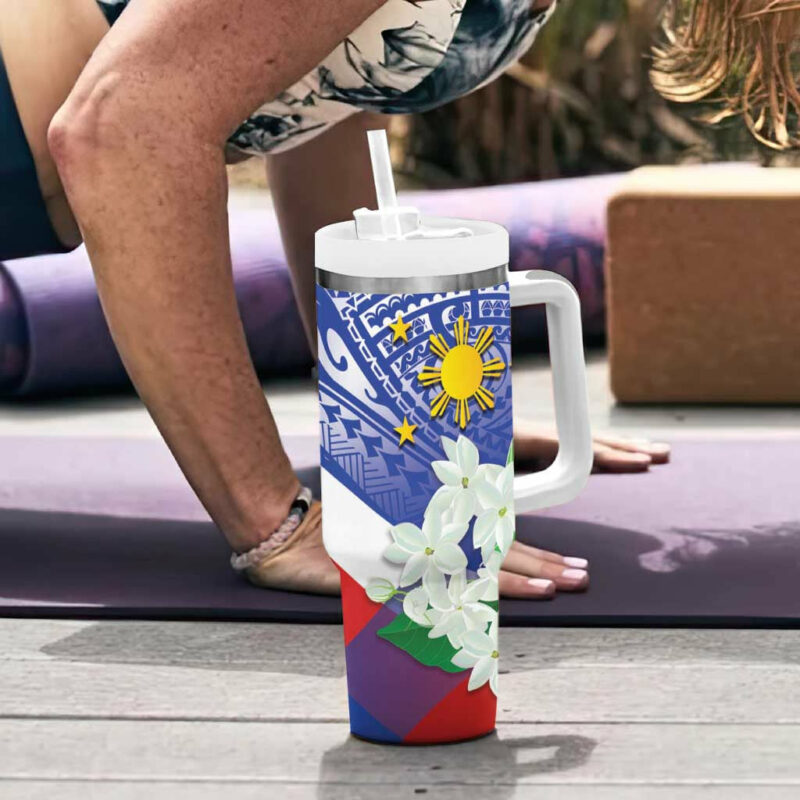 Philippines Flag Sampaguita Jasmine with Polynesian Tribal Custom Stanley Quencher 40oz Stainless Steel Tumbler With Handle - Threewoofs - Image 6