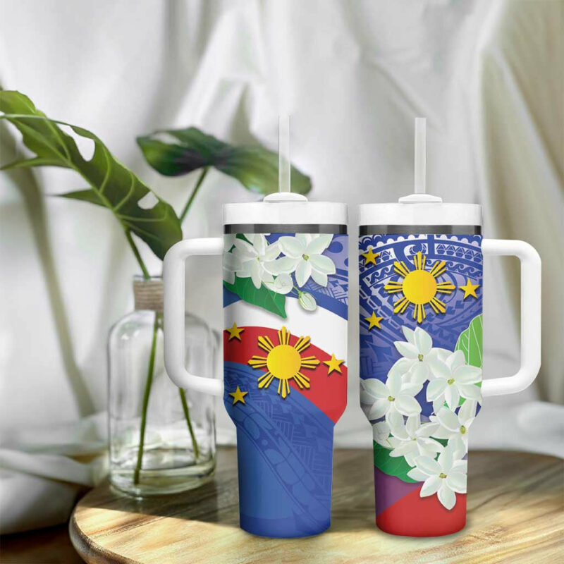 Philippines Flag Sampaguita Jasmine with Polynesian Tribal Custom Stanley Quencher 40oz Stainless Steel Tumbler With Handle - Threewoofs - Image 9