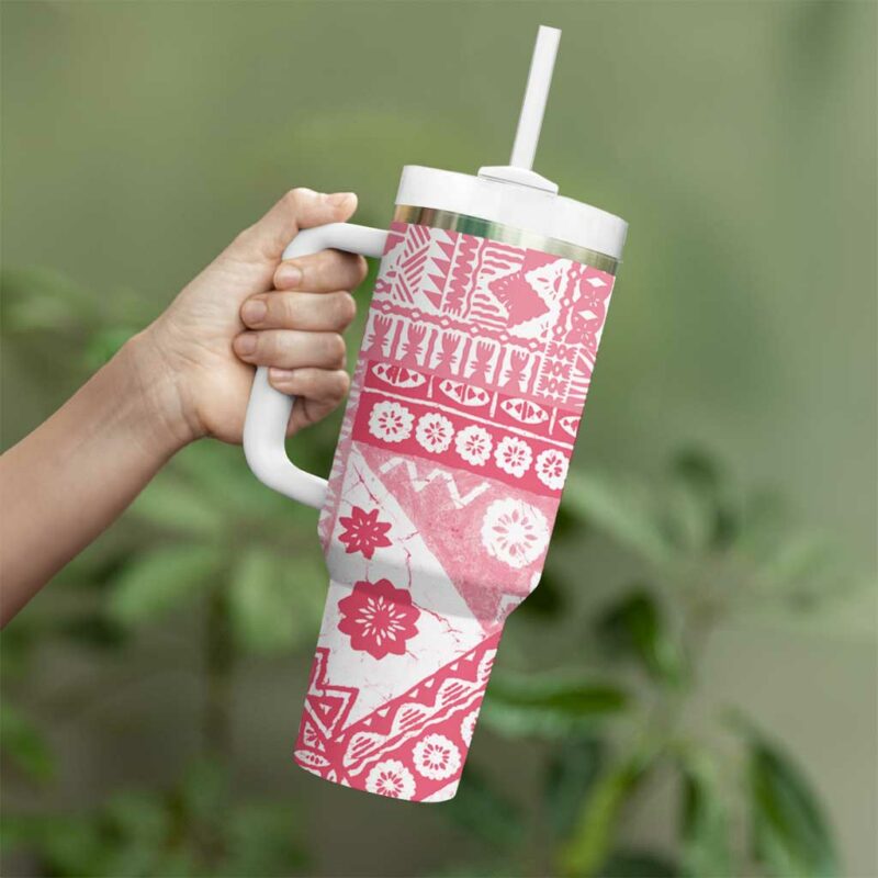 Pink Bula Fiji Masi Tapa Custom Stanley Quencher 40oz Stainless Steel Tumbler With Handle - Threewoofs - Image 3