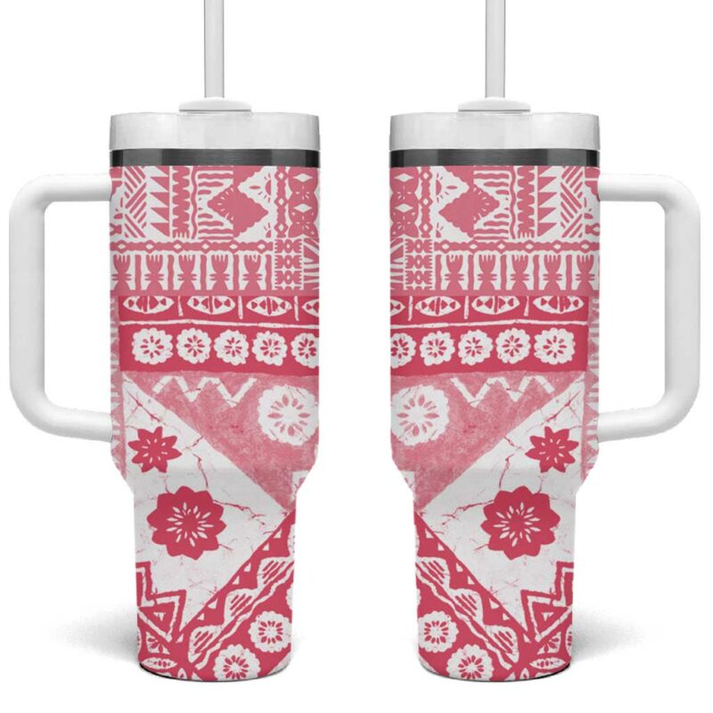 Pink Bula Fiji Masi Tapa Custom Stanley Quencher 40oz Stainless Steel Tumbler With Handle - Threewoofs