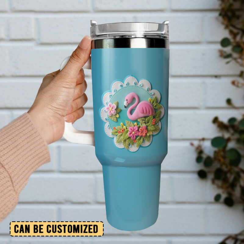 Pink Flamingo Custom Stanley Quencher 40oz Stainless Steel Tumbler With Handle - Threewoofs - Image 3