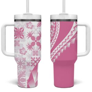Pink Hawaiian Quilt Pattern Custom Stanley Quencher 40oz Stainless Steel Tumbler With Handle - Threewoofs