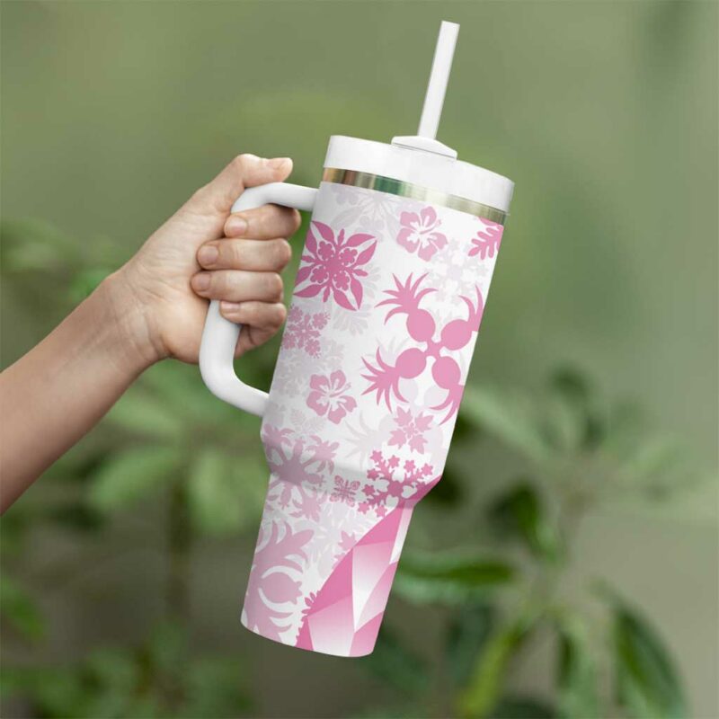 Pink Hawaiian Quilt Pattern Custom Stanley Quencher 40oz Stainless Steel Tumbler With Handle - Threewoofs - Image 3