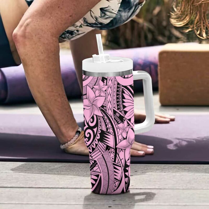 Pink Pacific Flowers Tribal Polynesian Custom Stanley Quencher 40oz Stainless Steel Tumbler With Handle - Threewoofs - Image 6