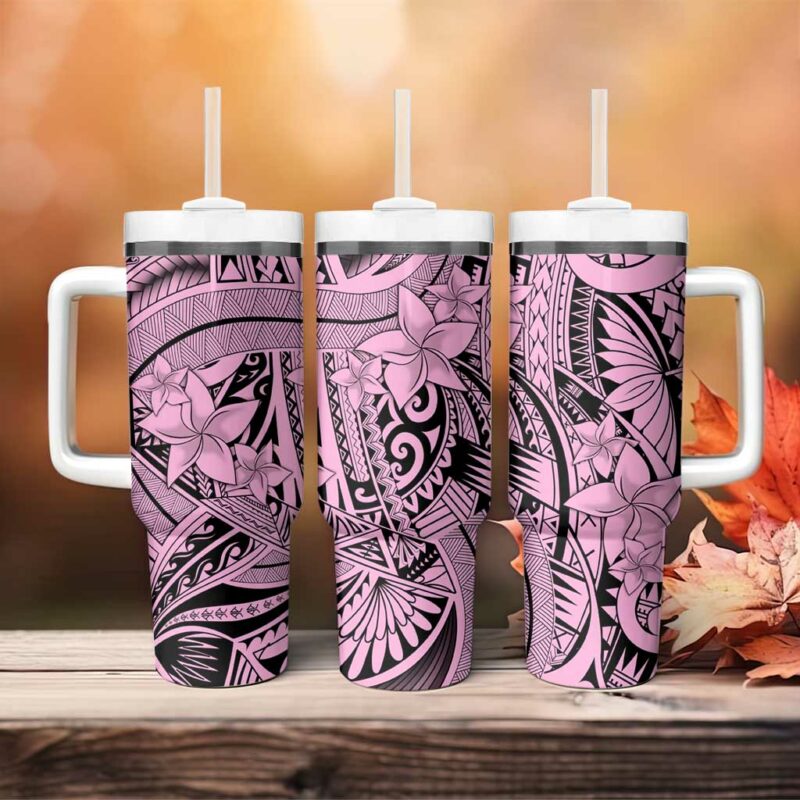 Pink Pacific Flowers Tribal Polynesian Custom Stanley Quencher 40oz Stainless Steel Tumbler With Handle - Threewoofs - Image 4