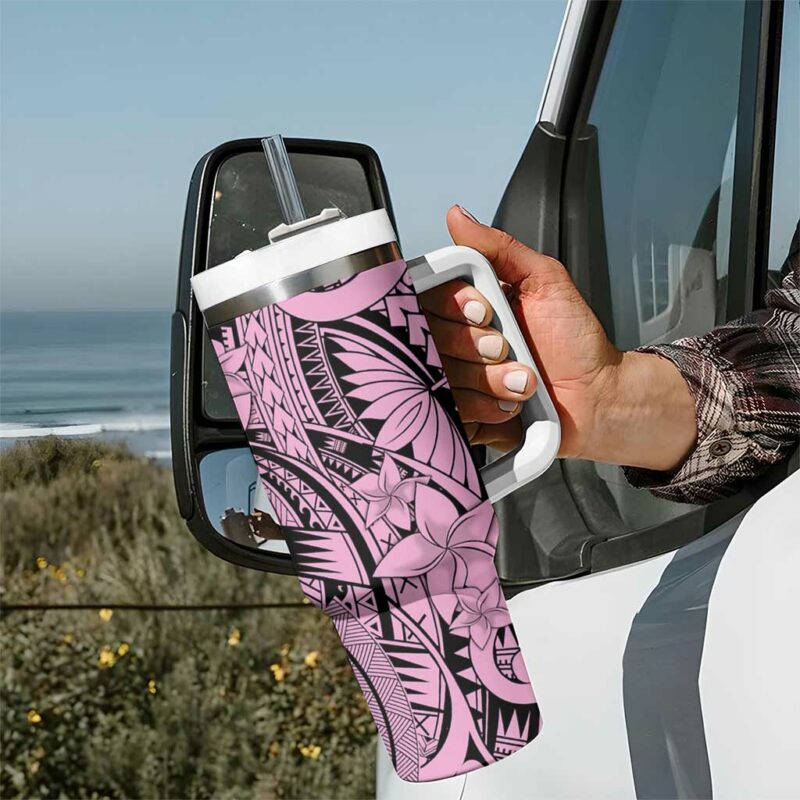 Pink Pacific Flowers Tribal Polynesian Custom Stanley Quencher 40oz Stainless Steel Tumbler With Handle - Threewoofs - Image 7