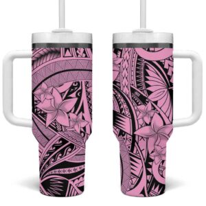 Pink Pacific Flowers Tribal Polynesian Custom Stanley Quencher 40oz Stainless Steel Tumbler With Handle - Threewoofs