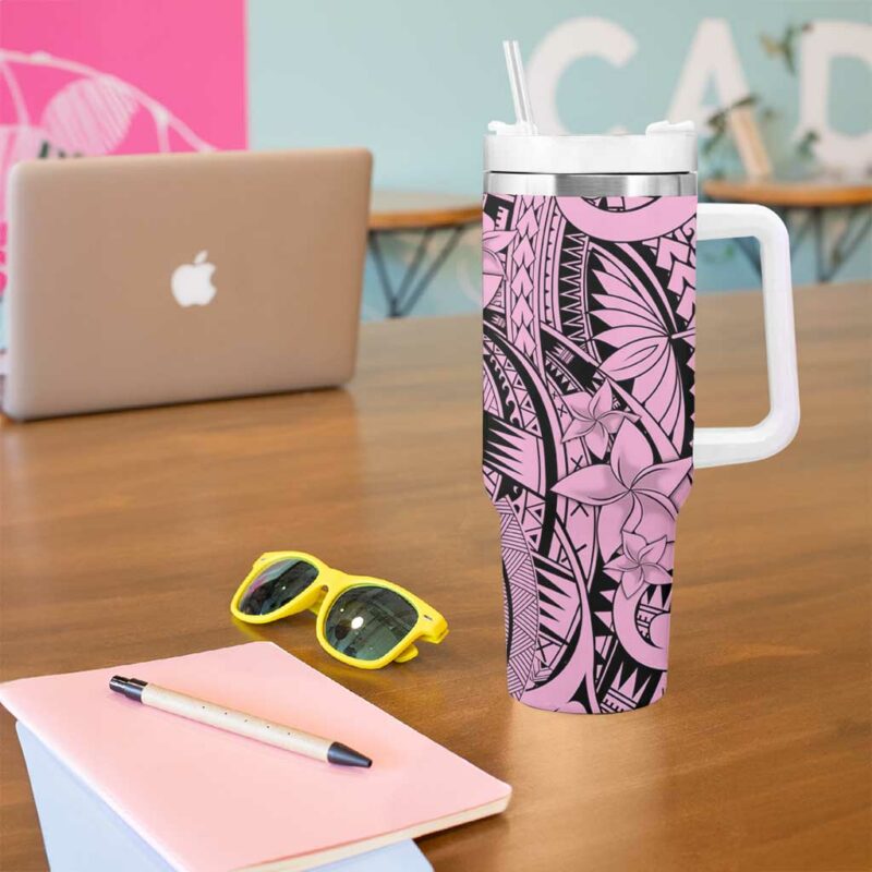 Pink Pacific Flowers Tribal Polynesian Custom Stanley Quencher 40oz Stainless Steel Tumbler With Handle - Threewoofs - Image 5