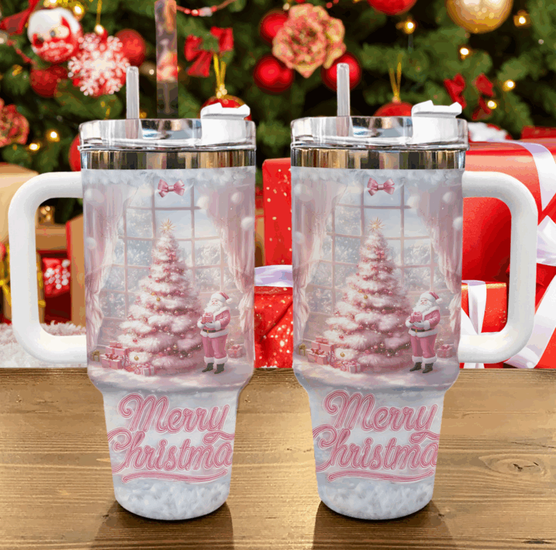 Pink Pinetree Christmas Custom Stanley Quencher 40oz Stainless Steel Tumbler With Handle - Threewoofs - Image 2