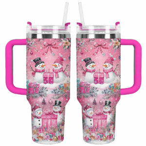 Pink Snowman Christmas Custom Stanley Quencher 40oz Stainless Steel Tumbler With Handle - Threewoofs