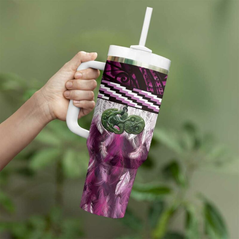 Pink Traditional Cloak Aotearoa Custom Stanley Quencher 40oz Stainless Steel Tumbler With Handle - Threewoofs - Image 3