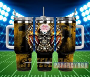 Skull Football Team Tumbler with Handle - Double-Walled Stainless Steel