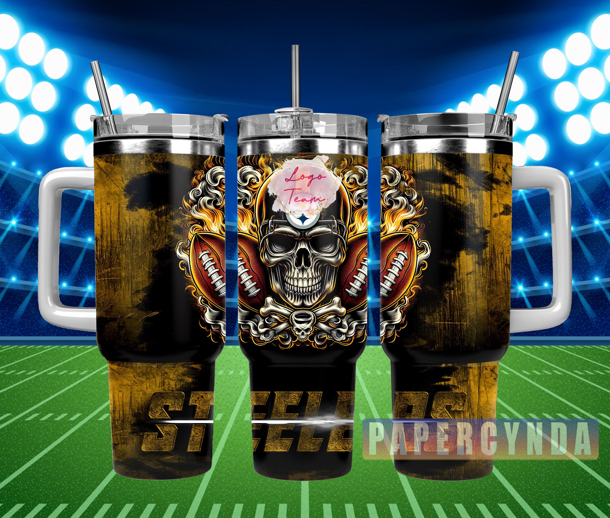 Skull Football Team Tumbler with Handle - Double-Walled Stainless Steel