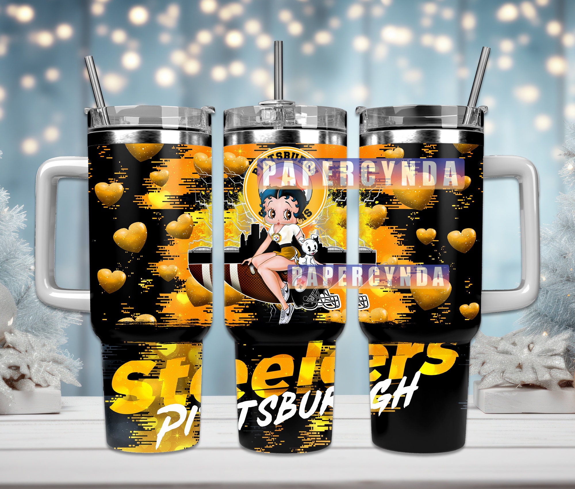 Pittsburgh Fan Tumbler – Heart & Cartoon Design with Straw
