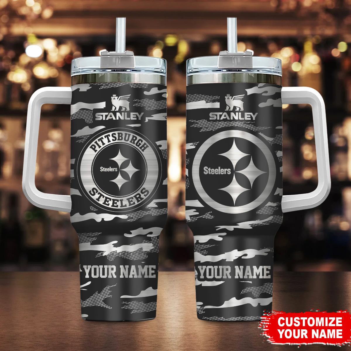 Customizable Pittsburgh Steelers Stainless Steel Tumbler with Handle - Show Your Team Spirit