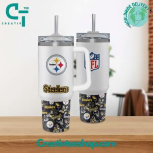 Stainless Steel Tumbler with Handle - Steelers NFL Fan Mug - 40oz Travel Cup