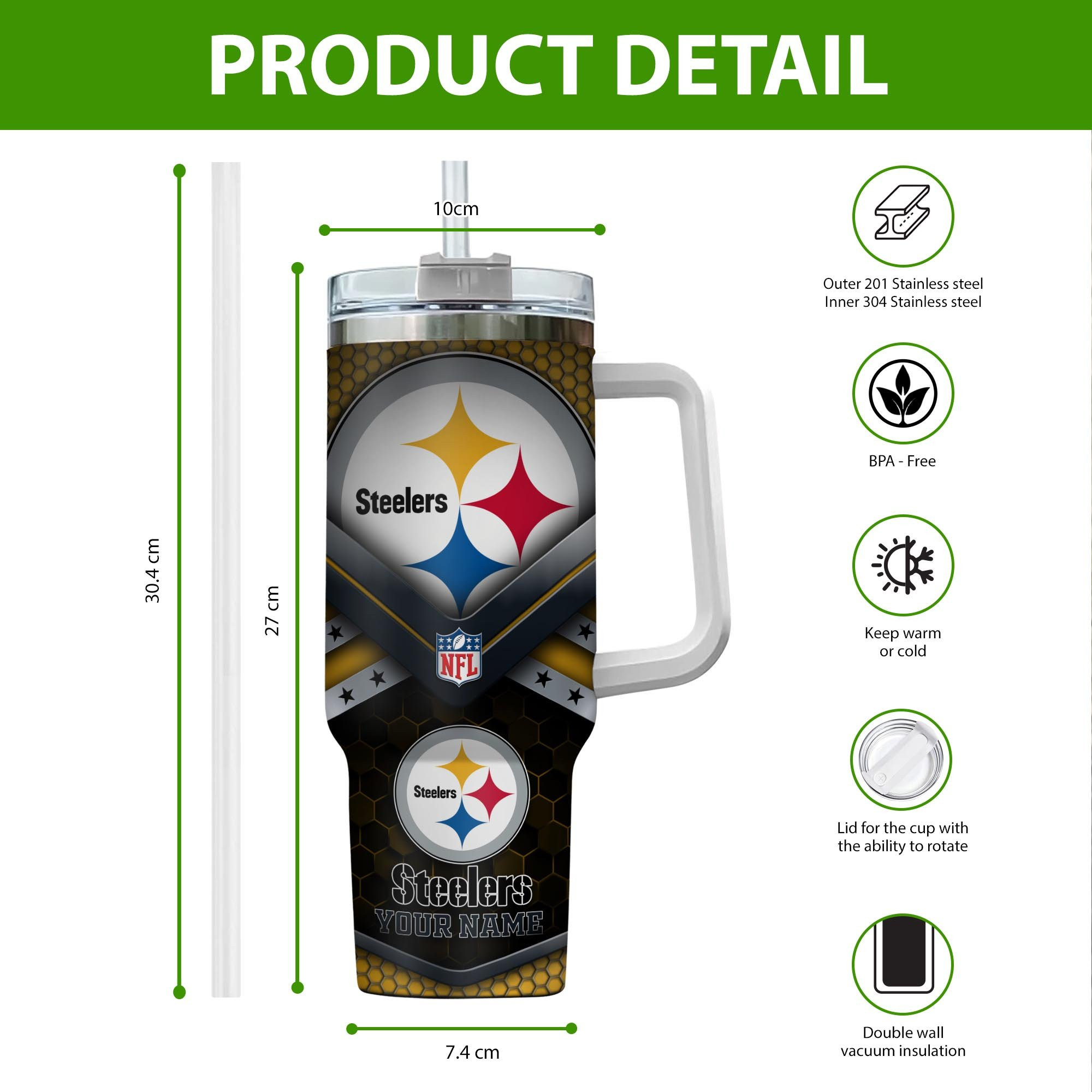 Personalized Steelers Tumbler with Handle - Custom Name NFL Drinkware Gift - Image 2