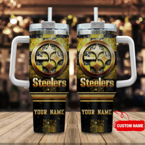 Personalized Steelers Tumbler with Handle and Straw - Custom Name Gift